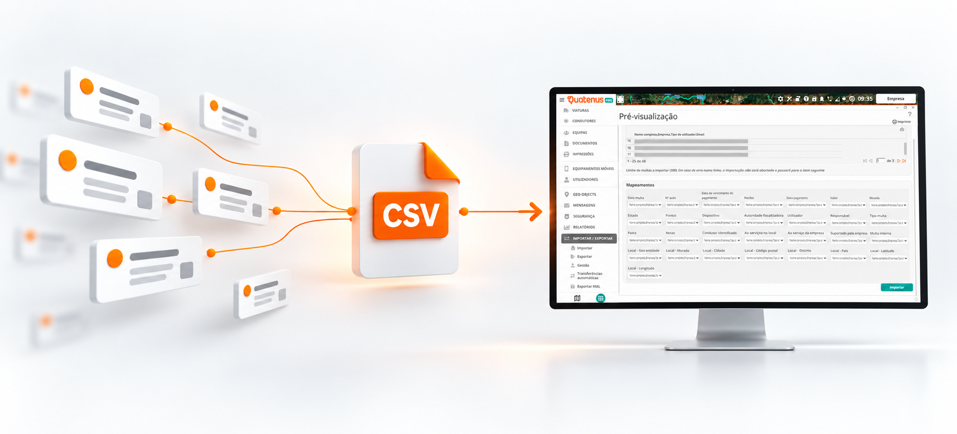 CSV file containing multiple fine records being imported into the Quatenus platform.