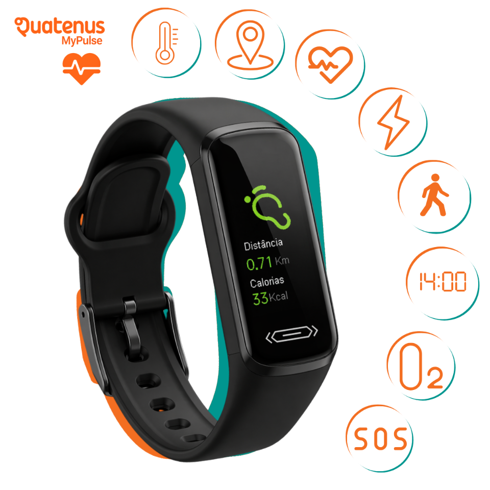 Quatenus MyPulse smart wristband with health, activity, SOS and real-time oxygen monitoring icons
