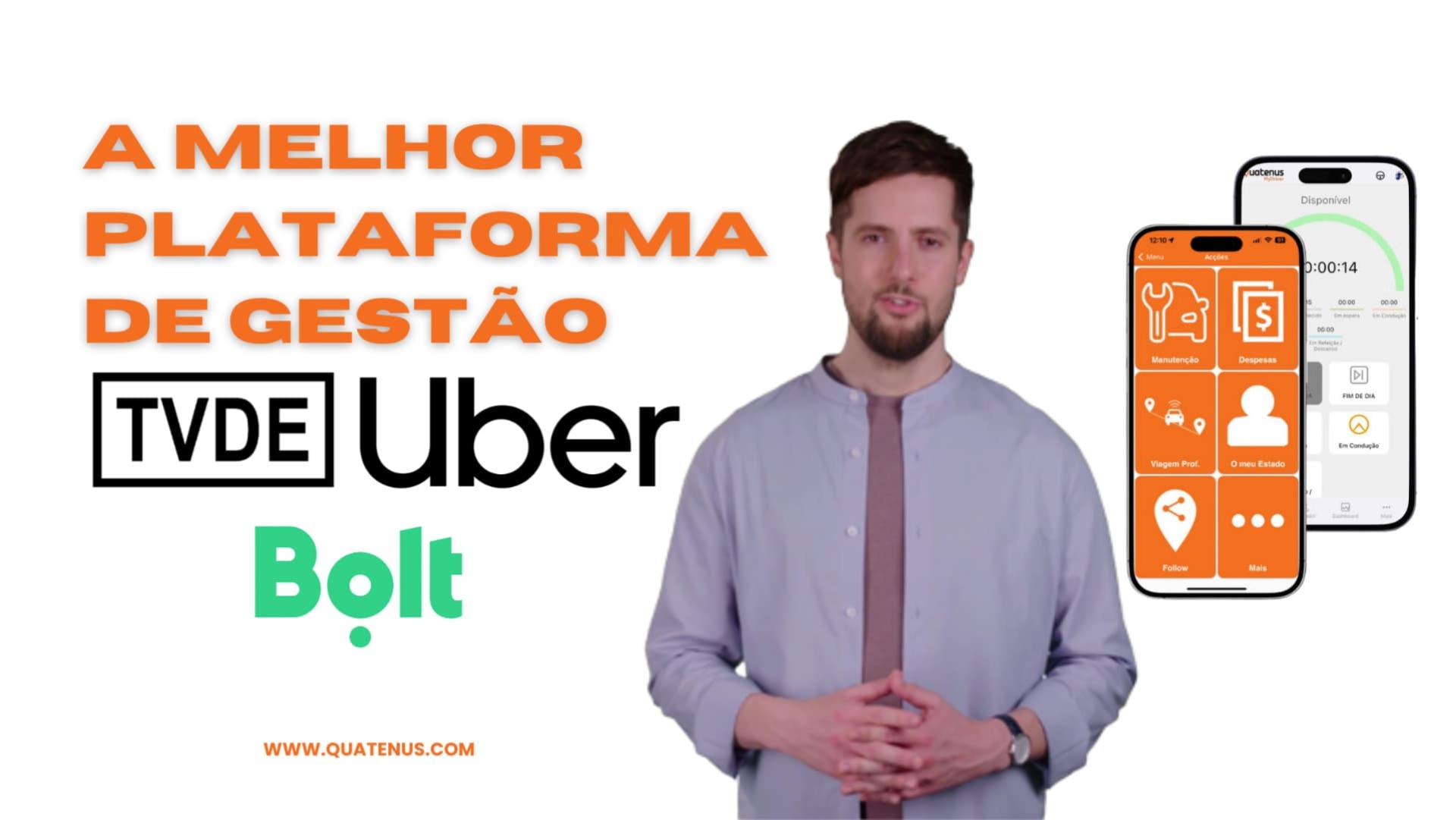 Imagem promocional da Quatenus sobre gestão de frota TVDE com referência a Uber e Bolt em interface móvel