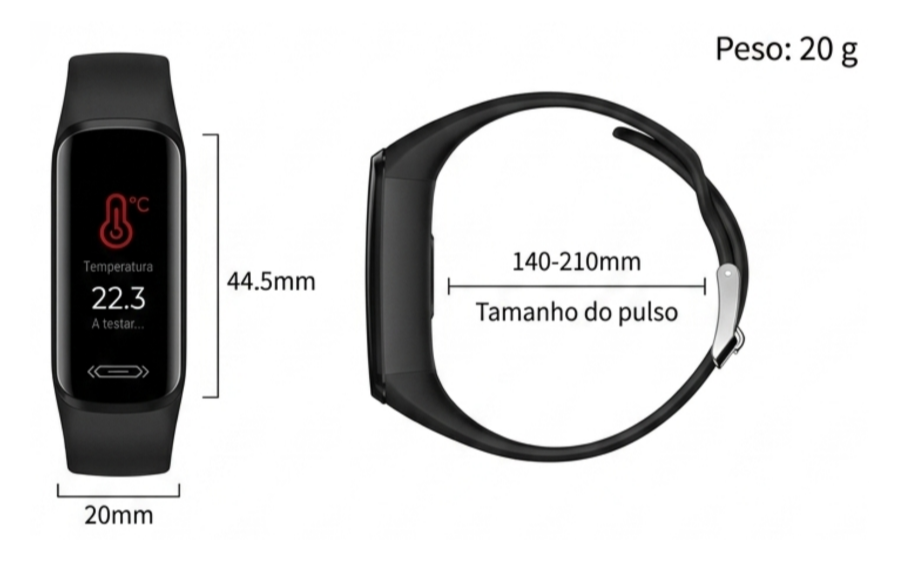 Dimensions and weight of the Quatenus MyPulse wristband with display measurements and wrist fit adjustment