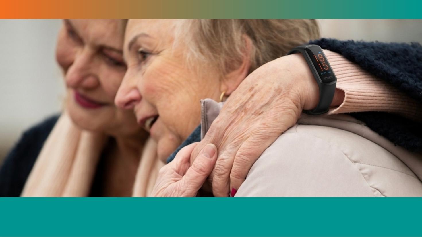 Care home resident wearing a Quatenus MyPulse wristband for remote well-being monitoring in care homes and day centres